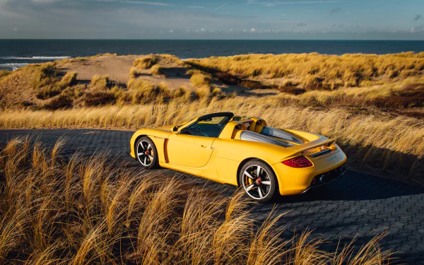 Yellow Porsche Carrera GT driving on a winding road through golden grass under a blue sky, captured in HD for a vibrant PC desktop wallpaper background.