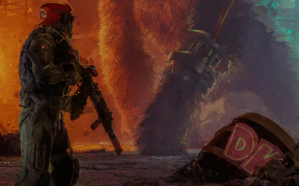 4K Ultra HD PC wallpaper: armed warrior in a Mario cap confronts a towering Donkey Kong amid rubble, a crushed DK helmet in the foreground — cinematic video game showdown.