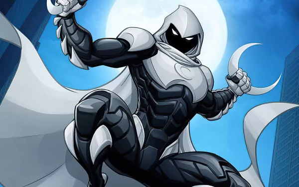 Comic Moon Knight leaping with crescent blades and flowing cape before a full moon — 4K Ultra HD PC desktop wallpaper/background.