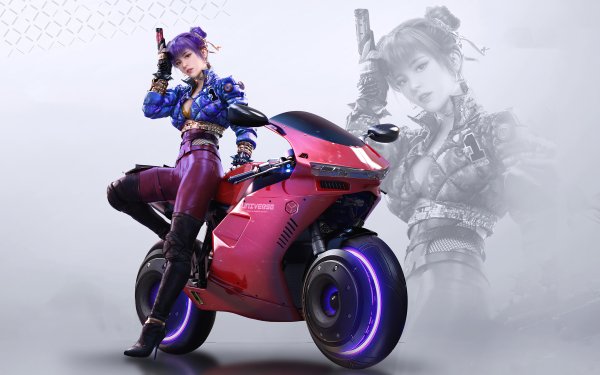 Sci Fi Cyberpunk Vehicle Motorcycle Purple Hair HD Wallpaper | Background Image