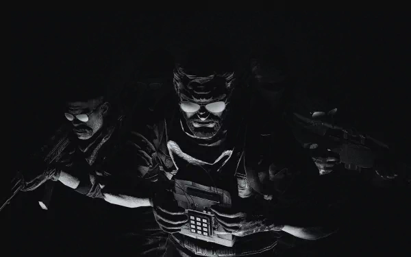 Monochrome, high-contrast image of three armed Counter-Strike: Global Offensive operatives in tactical gear — 4K Ultra HD PC desktop wallpaper and background.