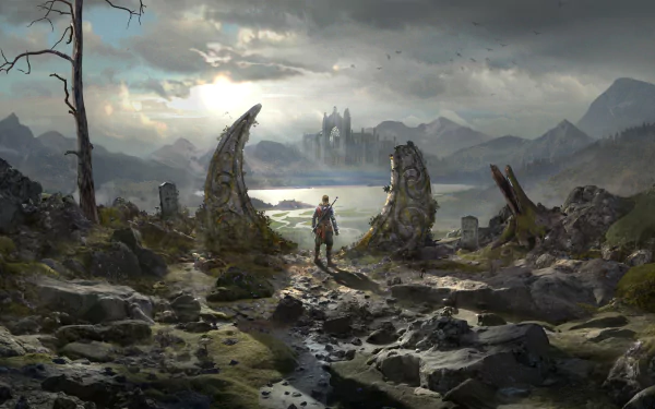 2K Quad HD PC desktop fantasy landscape wallpaper: a fantasy warrior stands between ruined stone arches, overlooking a misty lake and distant castle beneath a stormy sky.