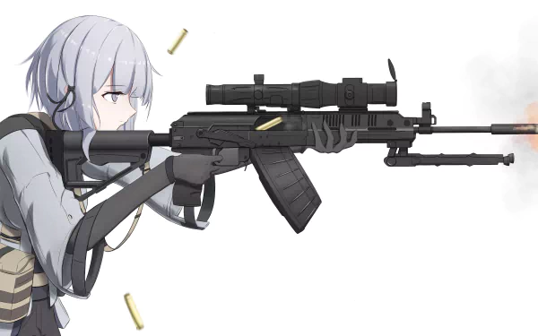 RPK-16 (Girls' Frontline) aiming a light machine gun with spent shells ejecting on a white backdrop — 4K Ultra HD PC desktop wallpaper, video game artwork.