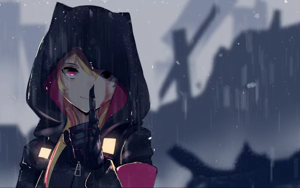 HD desktop wallpaper featuring M4 Sopmod II from the video game Girls' Frontline, depicted with a hood in a snowy setting.