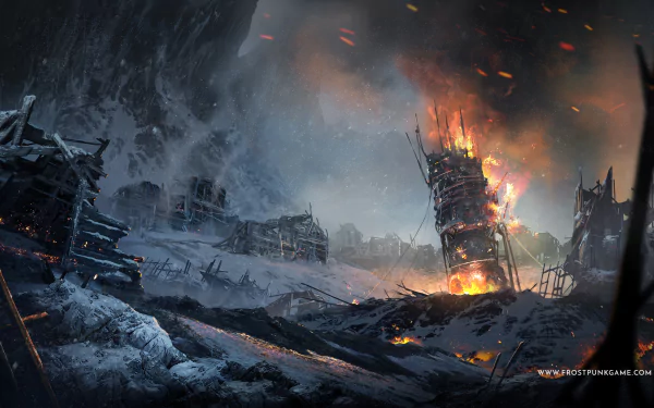 4K Ultra HD Frostpunk video game wallpaper depicting a snowy, post-apocalyptic landscape with burning wooden structures under a dark, stormy sky.