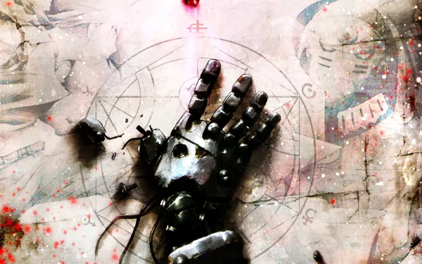 A stunning HD wallpaper inspired by Fullmetal Alchemist, featuring a detailed depiction of a mechanical hand against a background of intricate alchemical symbols.