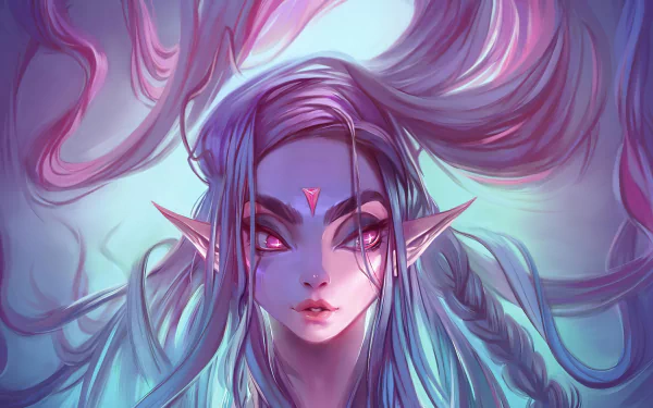 4K Ultra HD PC desktop wallpaper: fantasy elf portrait with pink eyes, flowing white hair, pointed ears and subtle facial markings.