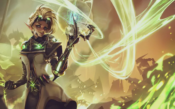 A blonde elf with short hair and goggles casts glowing magic in a vibrant fantasy landscape, rendered in stunning 4K Ultra HD detail.
