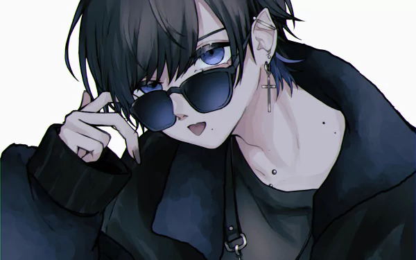 HD anime-style original artwork of a person wearing sunglasses, with dark hair and blue eyes, set against a light background for a PC desktop wallpaper.