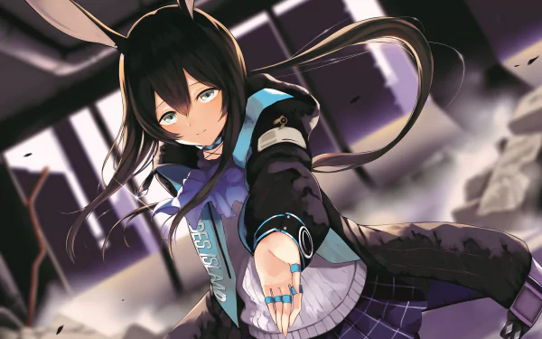 Amiya from Arknights with bunny ears and long hair, featuring striking grey eyes in dynamic 8K Ultra HD video game wallpaper.