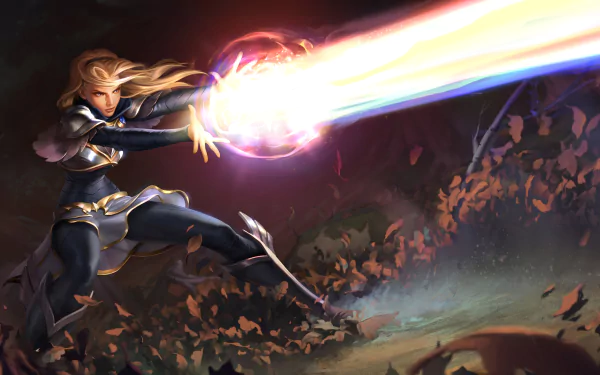 Blonde sorceress Lux from League of Legends unleashes a powerful light beam in this dynamic 4K Ultra HD desktop wallpaper inspired by Legends of Runeterra.