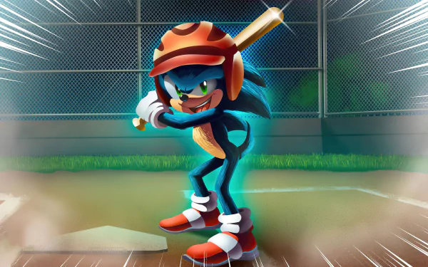 HD PC desktop wallpaper featuring Sonic the Hedgehog ready to bat in a baseball game, blending movie and sports themes with dynamic lighting and vibrant colors.