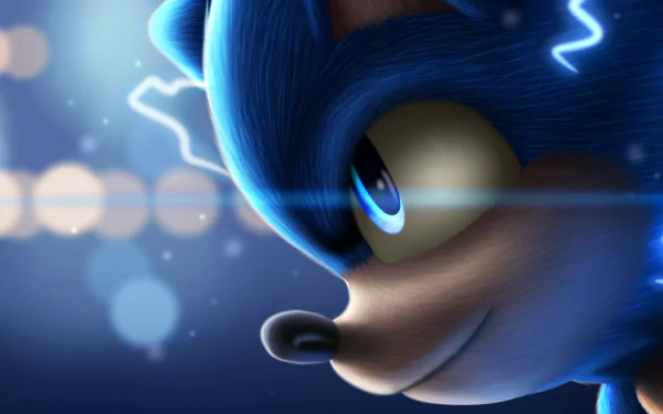 HD PC desktop wallpaper featuring a close-up of Sonic the Hedgehog from the movie, showcasing his intense gaze and electric blue fur with vibrant lighting effects.