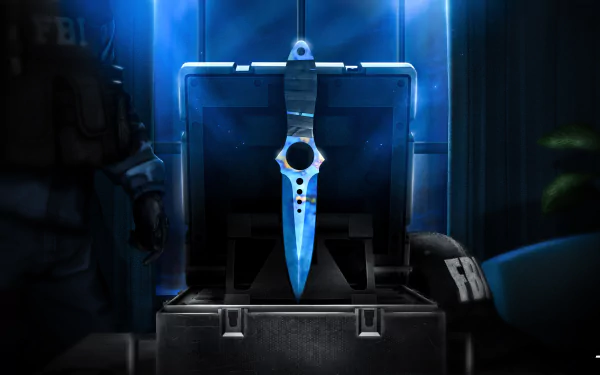4K Ultra HD PC desktop wallpaper: Counter-Strike: Global Offensive video game scene — a glowing blue combat knife in an open case, shadowy agents and an FBI helmet in the background.
