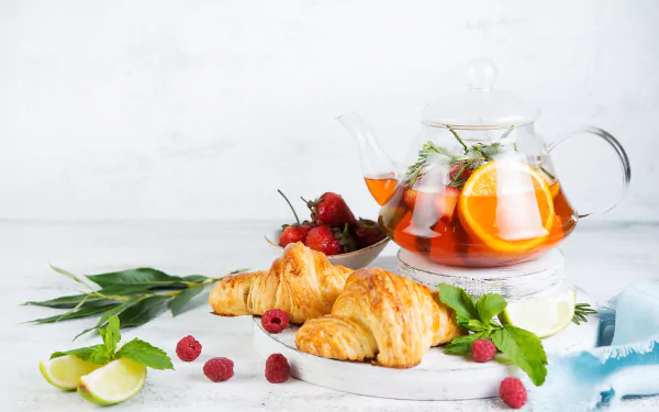 raspberry croissant still life kettle tea food breakfast HD Desktop Wallpaper | Background Image