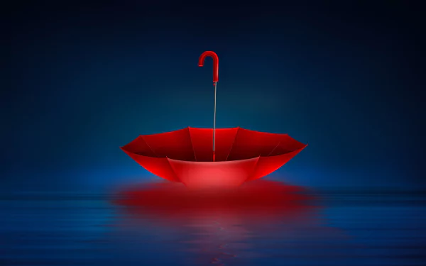 4K Ultra HD PC desktop wallpaper — abstract, misc: a red umbrella floats above glossy blue water with a soft glowing reflection and minimalist backdrop.