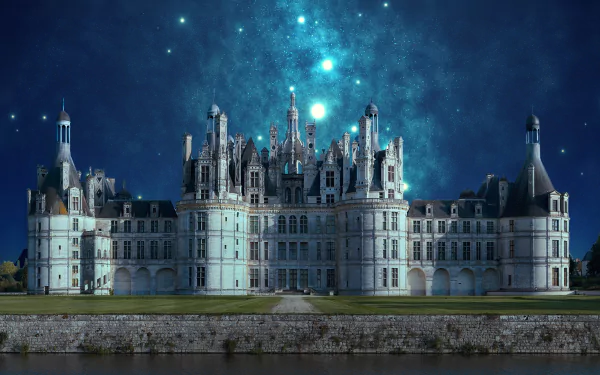 4K Ultra HD PC desktop wallpaper/background of Château de Chambord: a man-made fantasy castle glowing beneath a teal starfield, mirrored in the river.