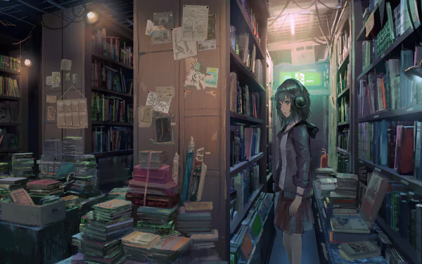 Anime girl with short black hair wearing headphones stands between tall bookshelves in a dimly lit library filled with scattered books, captured in HD PC wallpaper style.