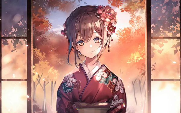 Anime-style HD desktop wallpaper of a girl wearing a floral kimono, framed by autumn foliage and soft evening light, original artwork.