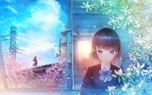 Anime Original Short Hair Cherry Blossom HD Wallpaper | Background Image