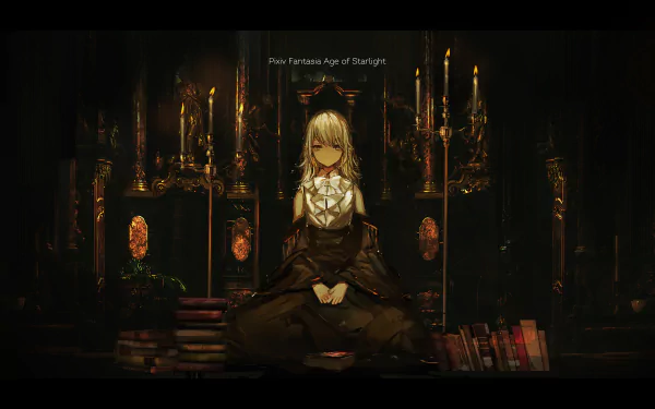 Anime character L from Pixiv Fantasia: Age of Starlight sits peacefully in a dark, candlelit room surrounded by books, rendered in HD for a PC desktop wallpaper.