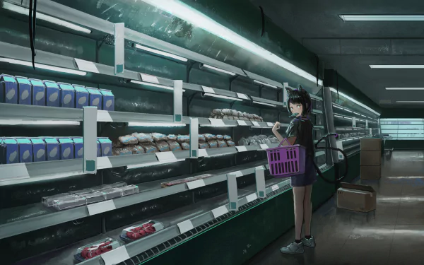 Anime-style HD PC desktop wallpaper depicting a girl with cat ears shopping in a brightly lit, modern store aisle.