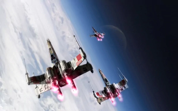 Three X-Wing starfighters soaring through space, depicted in high-definition for a stunning Star Wars-themed desktop wallpaper and background.