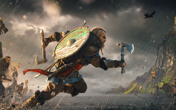 Viking warrior in battle from Assassin's Creed Valhalla, captured in a dramatic 4K Ultra HD PC desktop wallpaper scene.