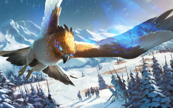 Video game HD PC desktop wallpaper background — Legends of Runeterra scene: a giant luminous bird soars over snow-covered mountains while small travelers cross a frozen forest.