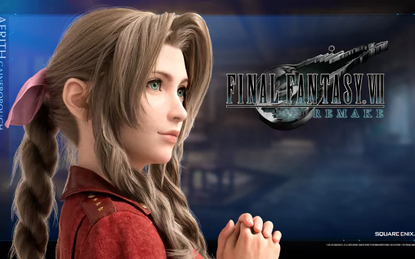 HD desktop wallpaper featuring Aerith Gainsborough from Final Fantasy VII Remake, with the game logo in the background.
