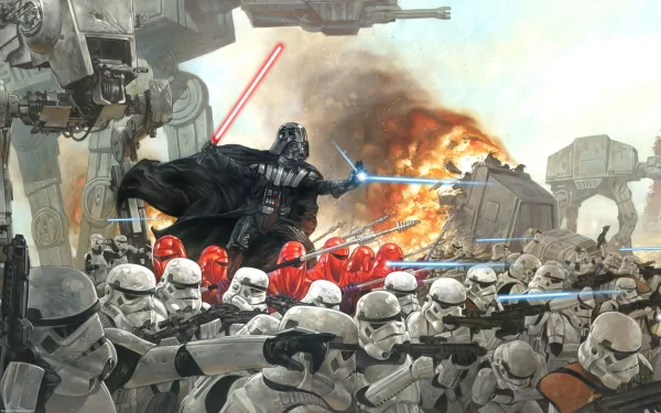 HD wallpaper of a Star Wars battle scene, featuring Darth Vader and AT-AT Walker. Darth Vader, with red lightsaber, leads Stormtroopers and Imperial Guards amidst explosions and chaos.