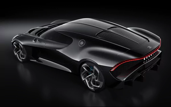 Sleek black Bugatti La Voiture Noire supercar showcased in 4K Ultra HD, highlighting its futuristic design and aerodynamic curves against a dark backdrop.