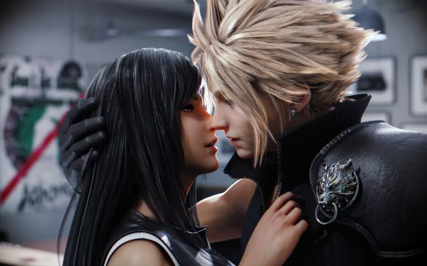 Tifa Lockhart and Cloud Strife from Final Fantasy VII Remake share an intimate moment in this 4K Ultra HD PC desktop wallpaper.
