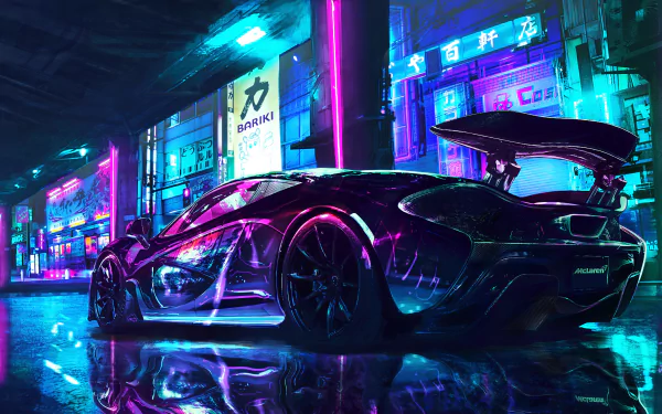 A McLaren MP4-12C sports car in vibrant neon lights, captured as a 4K Ultra HD PC desktop wallpaper with a futuristic urban backdrop.