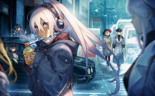 A vibrant HD anime wallpaper featuring characters from Azur Lane, including Jean Bart, Bismarck, Cleveland, and others, set against a city backdrop with a moody atmosphere.