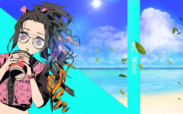 HD desktop wallpaper featuring Nezuko Kamado from Demon Slayer: Kimetsu no Yaiba set against a vibrant beach background with floating leaves.