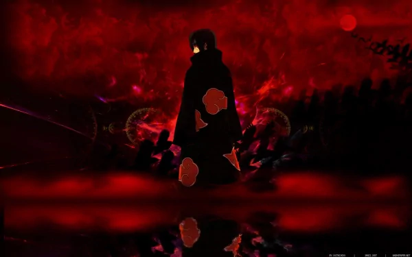 HD desktop wallpaper featuring Itachi Uchiha from the anime Naruto, with a dark red and black background, and Itachi in his Akatsuki cloak adorned with red clouds.