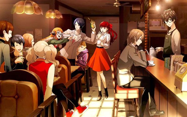 Persona 5 Royal cast relaxing in a cozy café, stylized anime scene — 2K Quad HD PC desktop wallpaper/background from the Persona video game.
