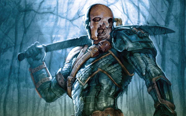 4K Ultra HD PC wallpaper featuring Deathstroke from DC Comics, depicted in detailed armor wielding a weapon in a dark, eerie forest setting.