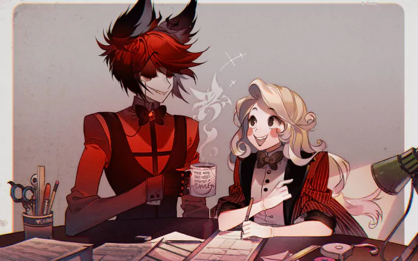 HD desktop wallpaper of characters from the TV show Hazbin Hotel, featuring two animated figures conversing at a desk with a lively and detailed background.