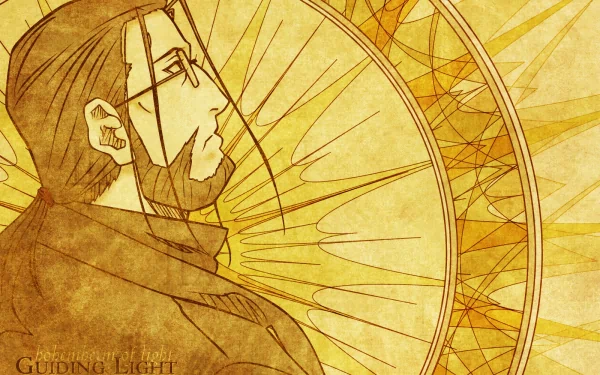 Van Hohenheim (Fullmetal Alchemist) anime HD PC desktop wallpaper: sepia-toned portrait of him gazing left before a radiant alchemical wheel background.