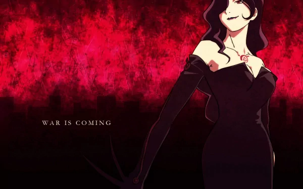 HD PC desktop wallpaper of Lust (Fullmetal Alchemist) — anime portrait of her in a black dress with long bladed fingers against a blood-red textured background; caption reads WAR IS COMING.