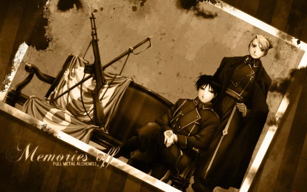 A captivating HD wallpaper featuring Riza Hawkeye and Roy Mustang from the anime Fullmetal Alchemist, set against a nostalgic backdrop.