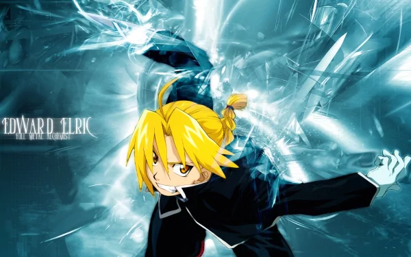 A vibrant HD wallpaper featuring Edward Elric from the anime Fullmetal Alchemist, showcasing his determined expression against a dynamic, icy blue background.