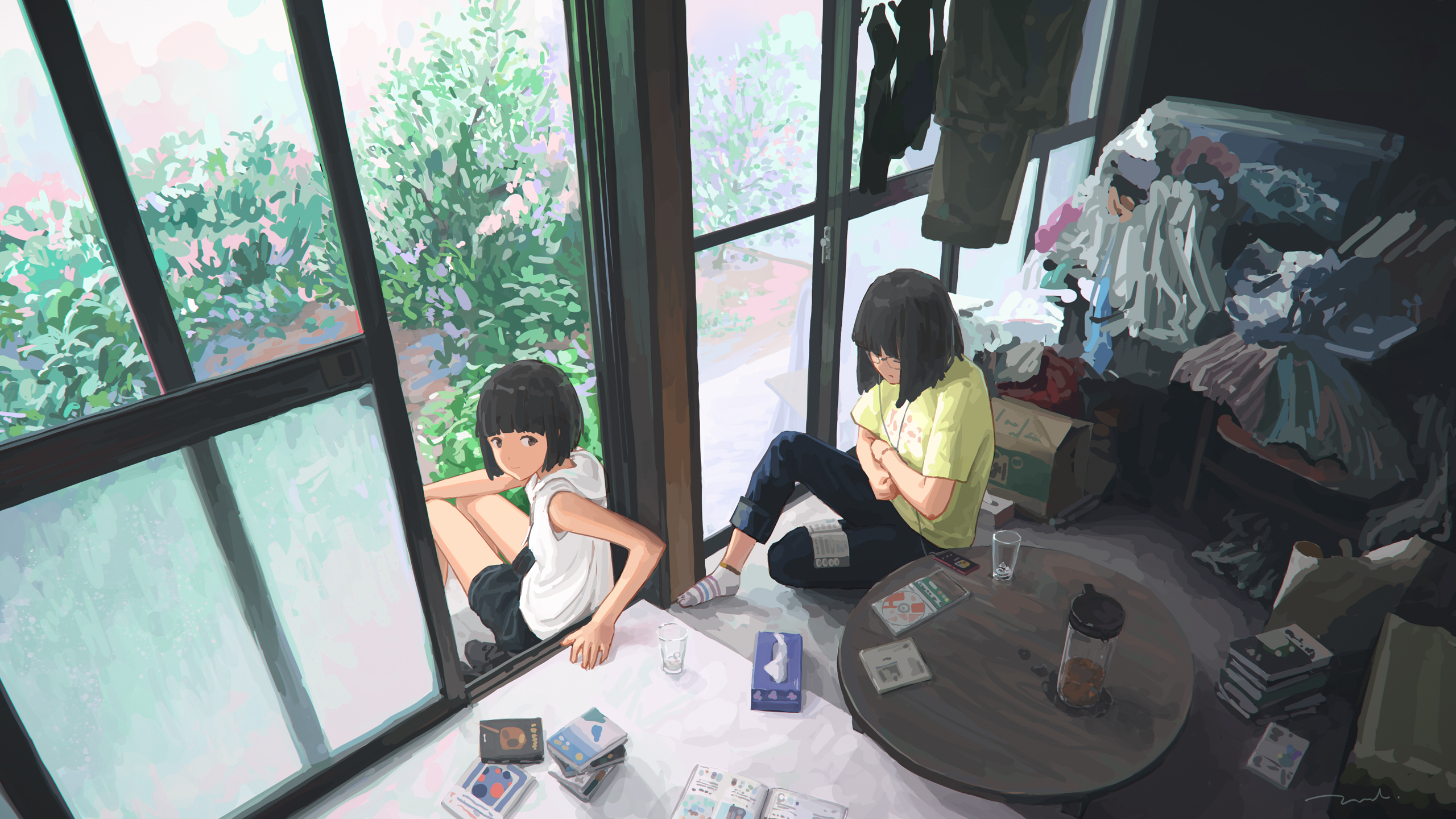 Two girls in a messy room HD Wallpaper | Background Image | 2560x1440 - A Room For Two Anime