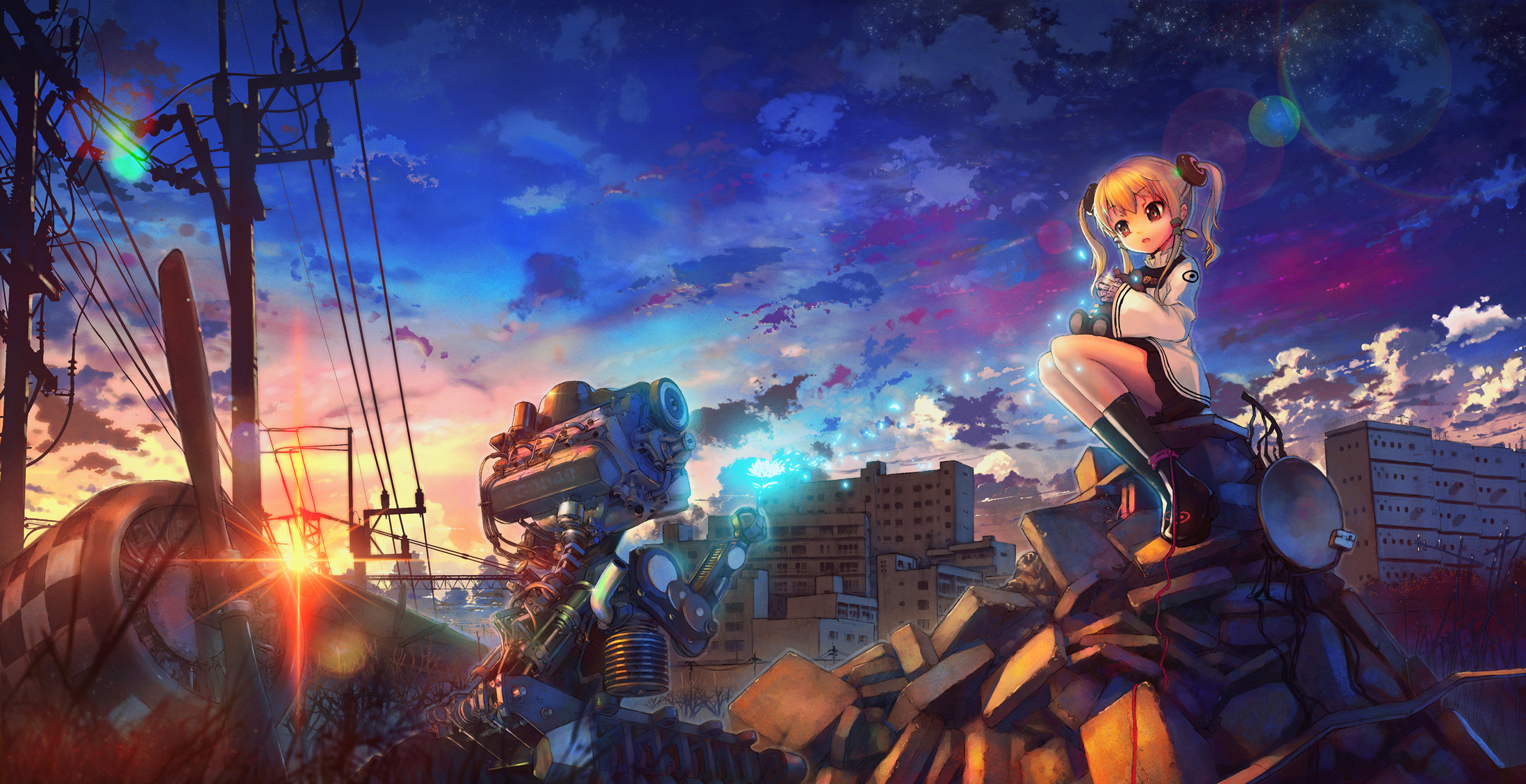 Anime cityscape at night with a mesmerizing sunset
