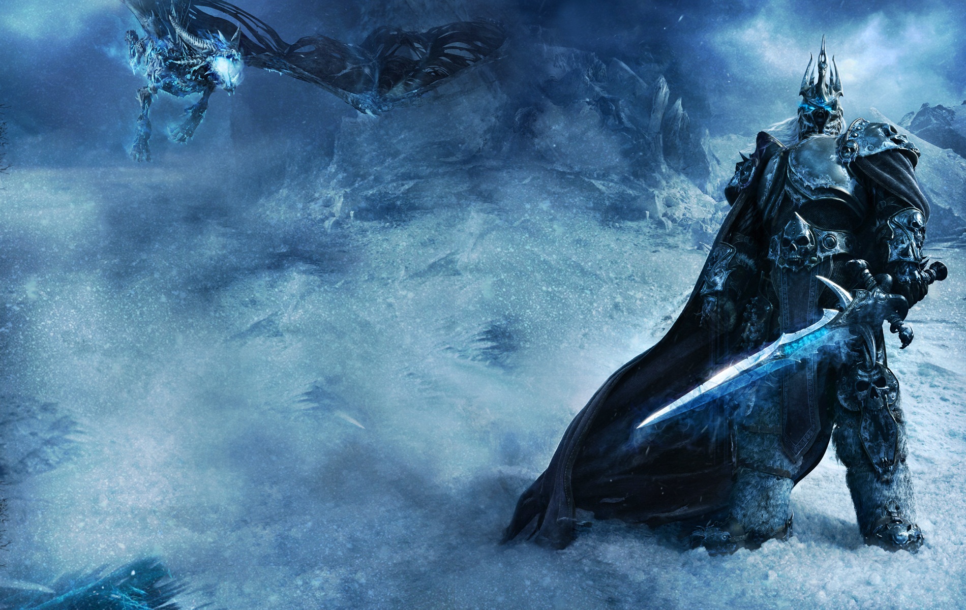 Digital artwork of a legendary creature Sindragosa and the Lich King from video game World of Warcraft.