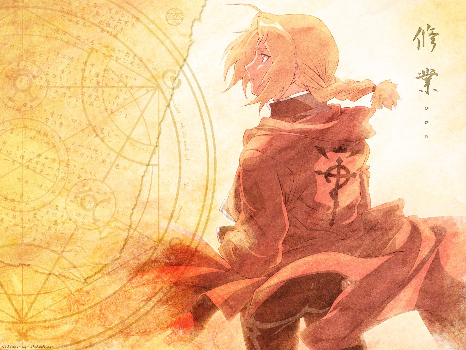 A dynamic HD wallpaper featuring Edward Elric from the anime Fullmetal Alchemist, showcasing his determined expression and iconic attire against a faded alchemical backdrop.