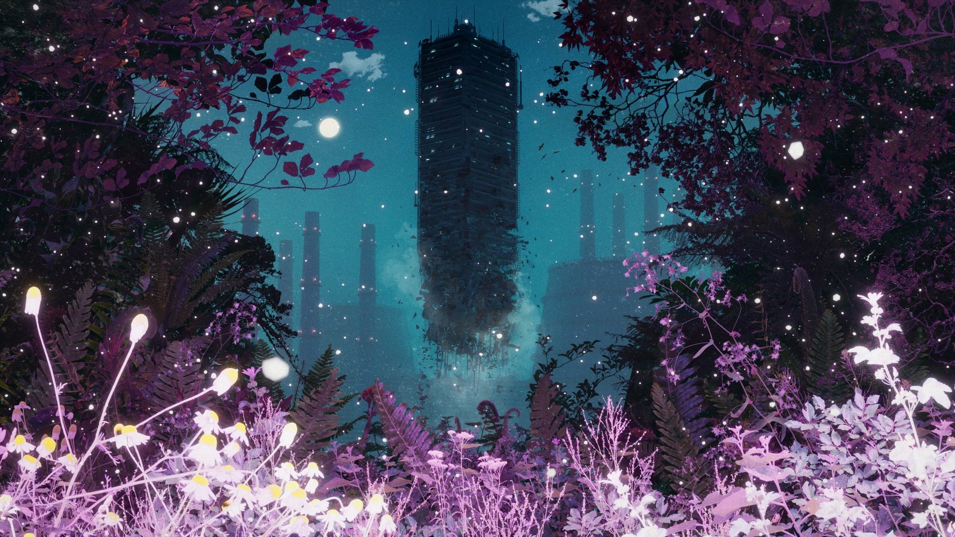 HD desktop wallpaper featuring a mystic landscape with a towering skyscraper surrounded by ethereal purple flora under a starry sky.