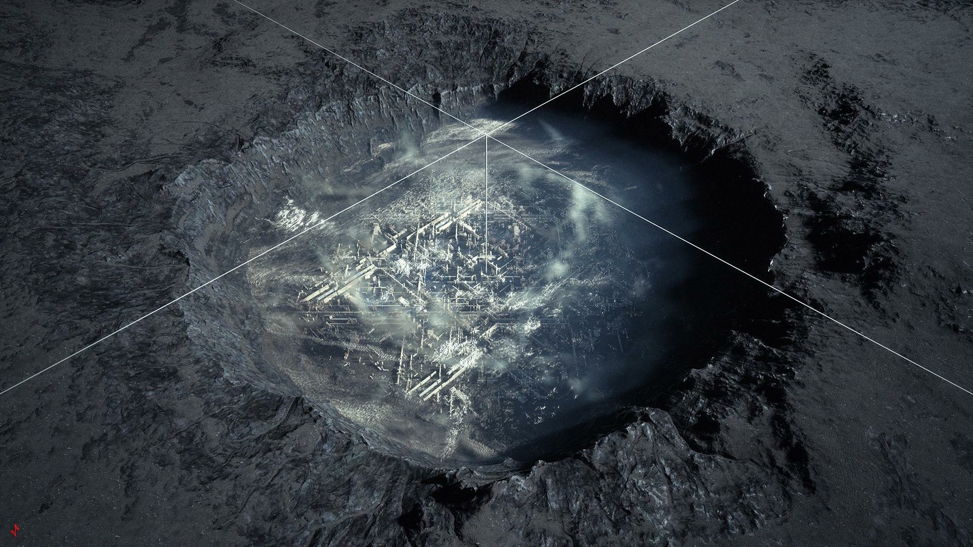 HD desktop wallpaper of a city nestled within a crater, surrounded by mountains, with a glowing center, tagged with City.